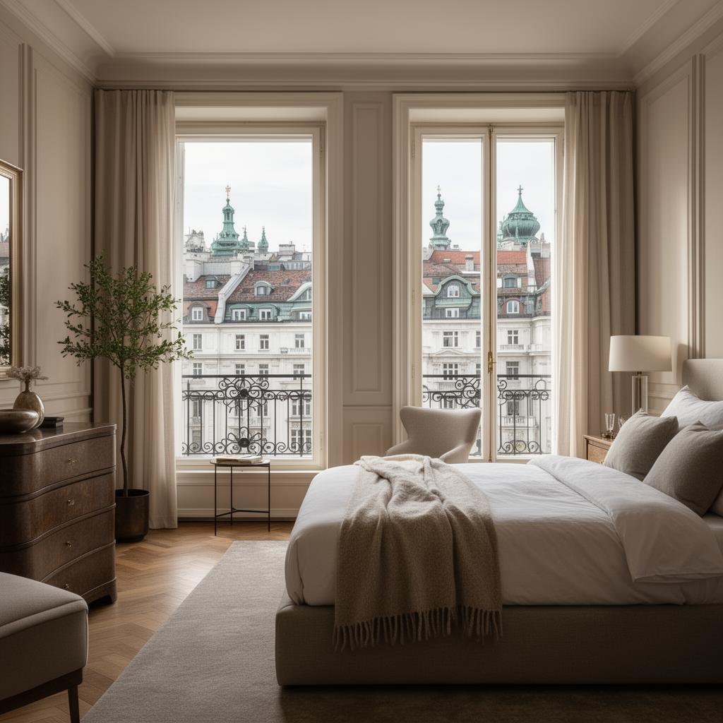 Stilvolles Schlafzimmer einer Wiener Ferienwohnung mit Blick über die Dächer von Wien